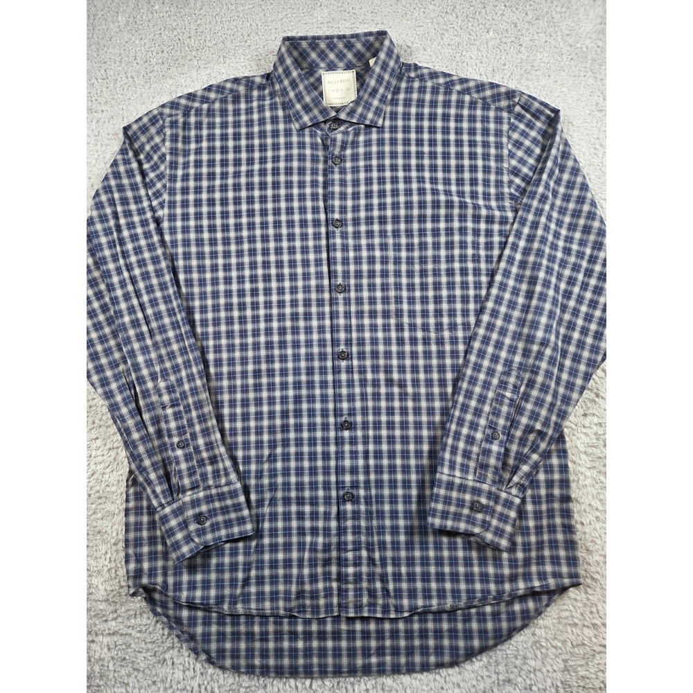 Billy Reid Button Down Shirt L Blue Grey Plaid Mens Standard Cut Long Sleeve